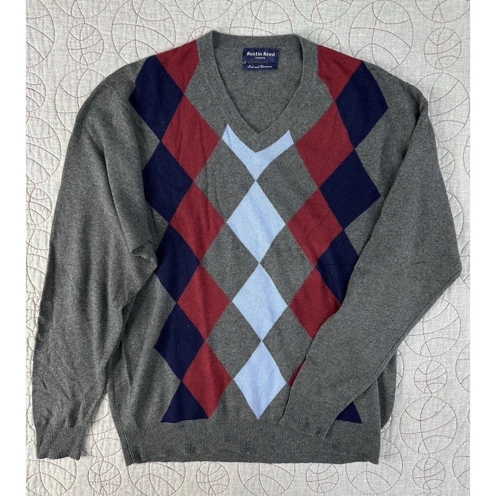 Austin Reed Sweater Gray Silk Cashmere Argyle V-Neck / Men's XL